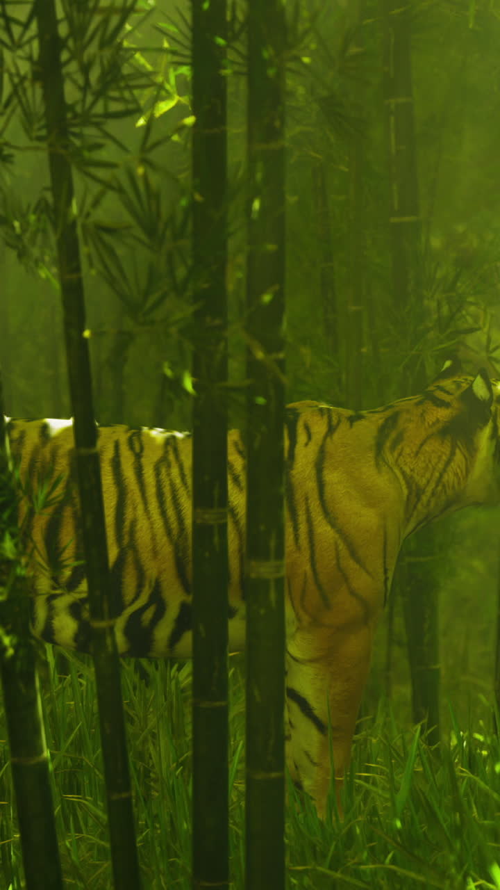Tigers roam through lush green bamboo forest in bright sunlight