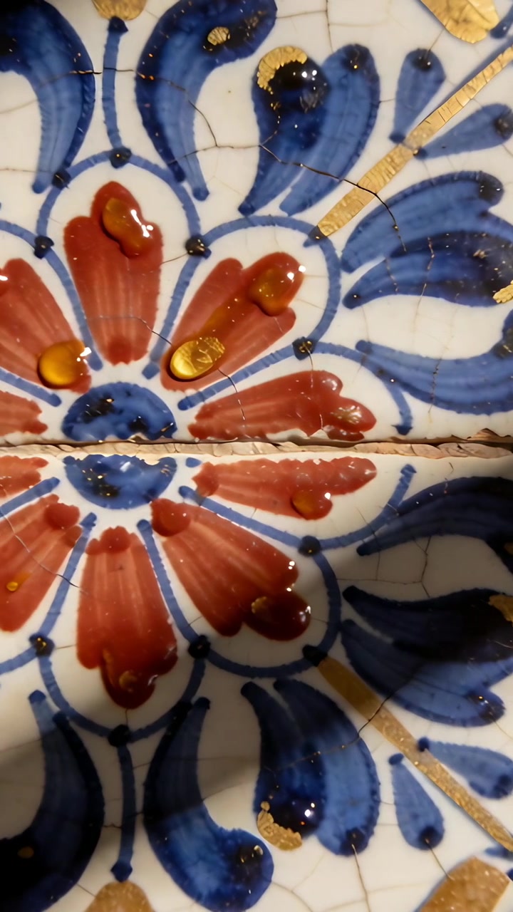 Video verticale: Mostra piastrelle su parete con doratura a petalo rosso e foglia blu, screpolature della malta e punti neri