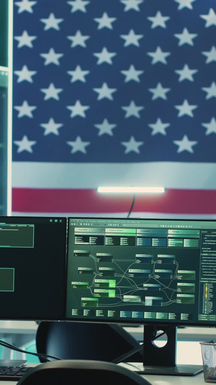 Dual Computer Monitors Displaying Data with American Flag Background
