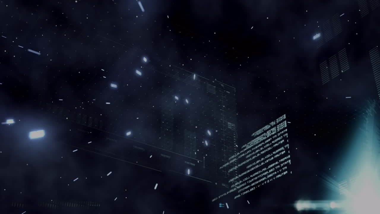 검은 바탕에 빛의 반점에 대항하여 데이터 처리 인터페이스의 디지털 애니메이션