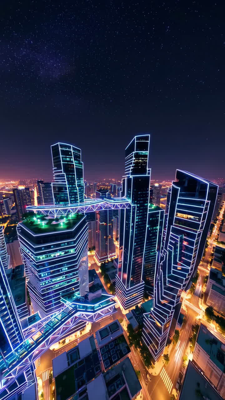 Futuristic Neon Cityscape at Night with Starry Sky