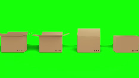 Seamless-row-of-brown-cardboard-boxes-with-lids-closing-on-green-background