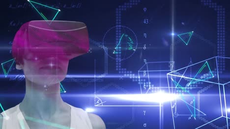 animation of caucasian woman using vr headset over illuminated lens flare and geometric shapes