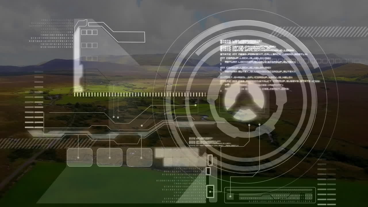 Futuristic digital interface animation over scenic landscape with fields and hills