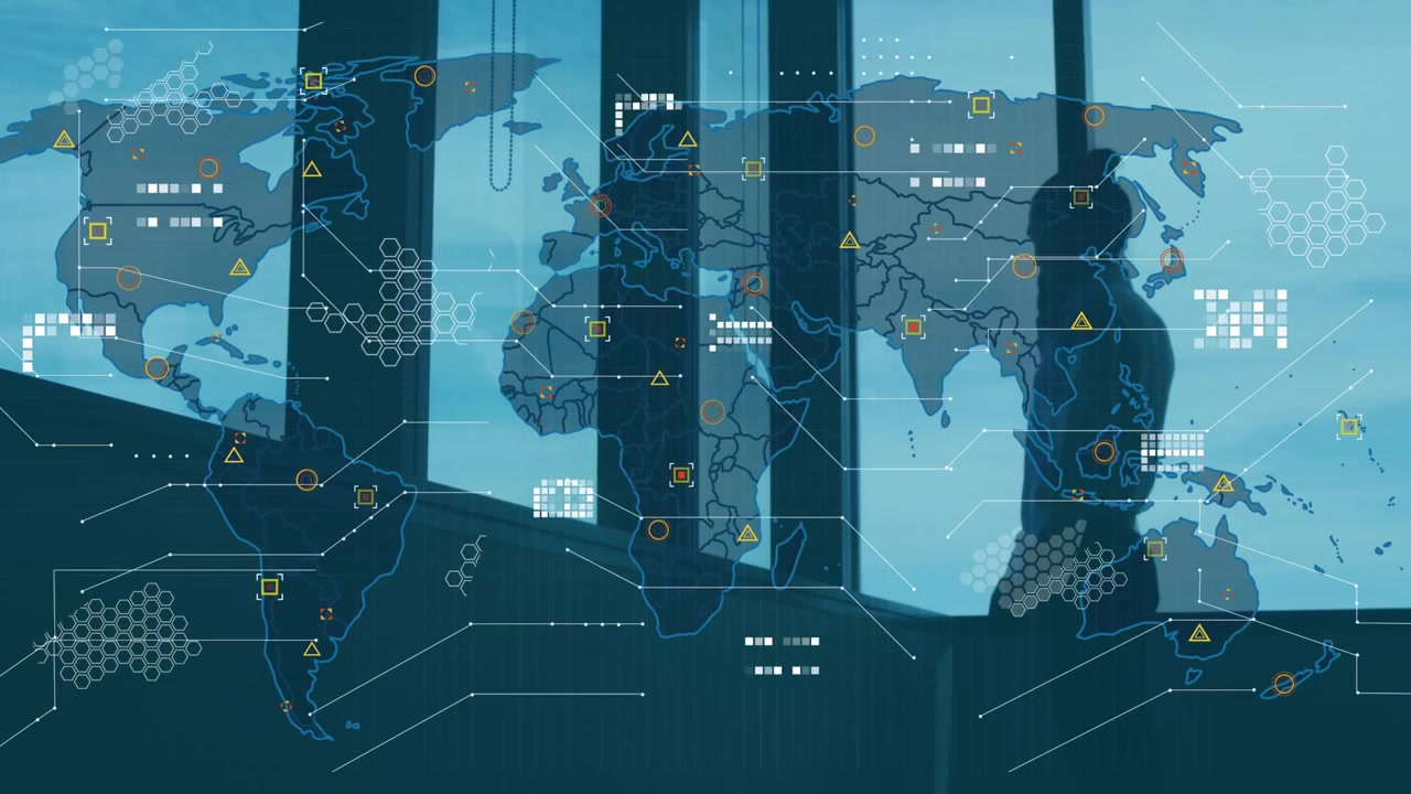 Male standing by window with smartphone initiating business data animation and monitoring grids
