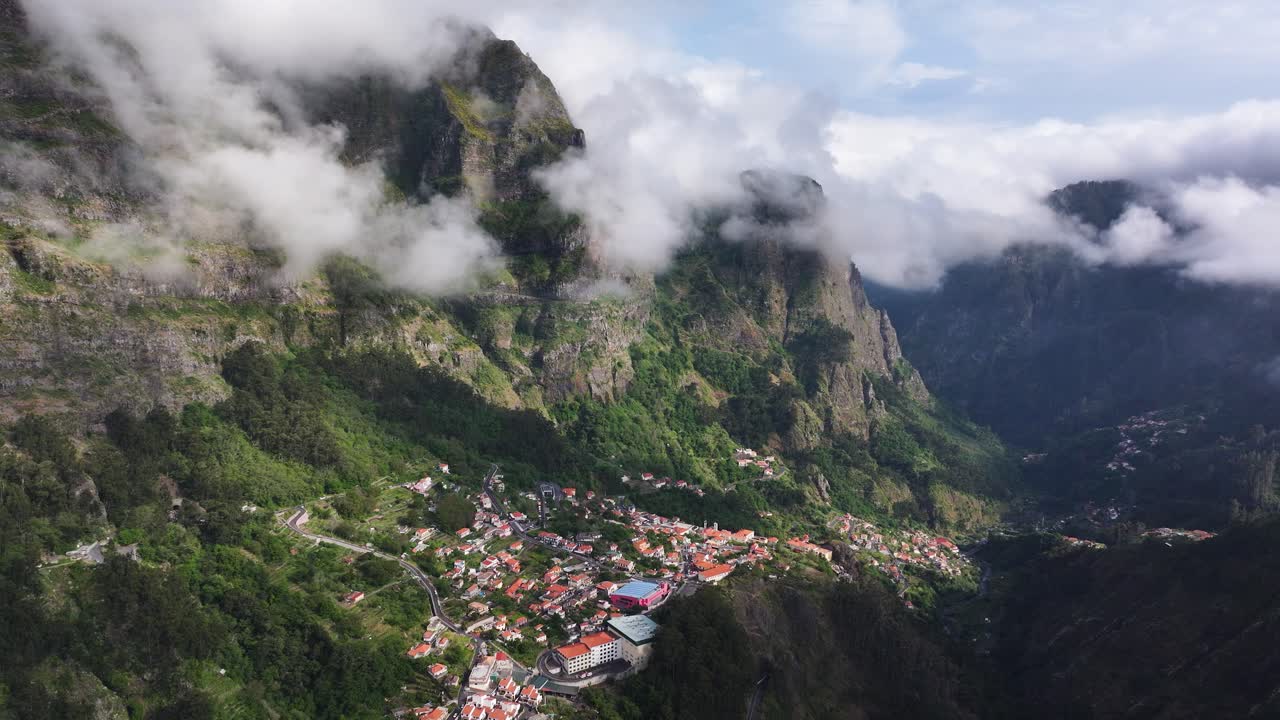 Scenic Curral das Freiras remote mountain village in Madeira interior. Aerial