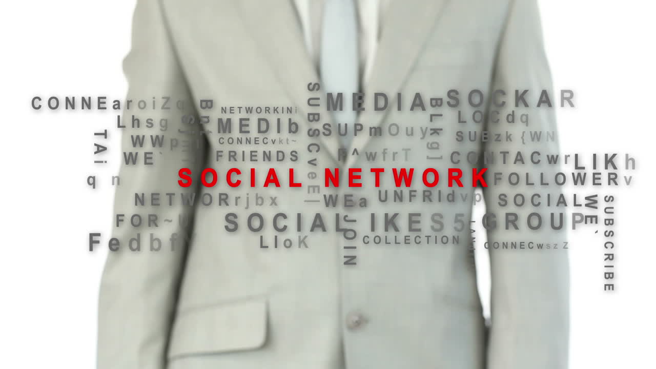 Uomo d'affari che preme il pulsante del social network