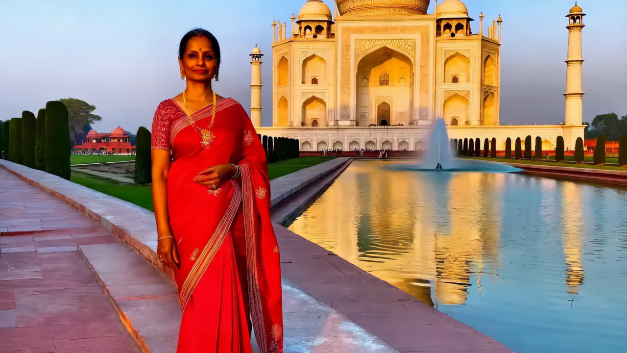 Femme en sari rouge devant le Taj Mahal