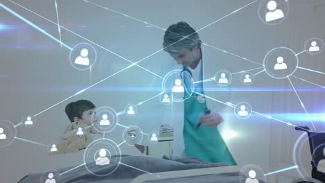 animation of network of people icons exchanging data over caucasian male doctor with boy patient