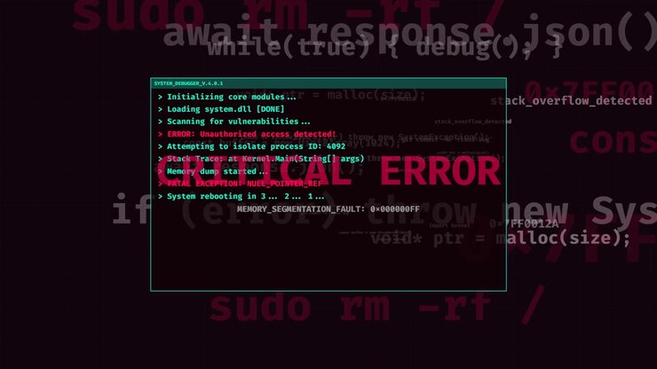 System Debugger Interface Showing Critical Error and Reboot Sequence