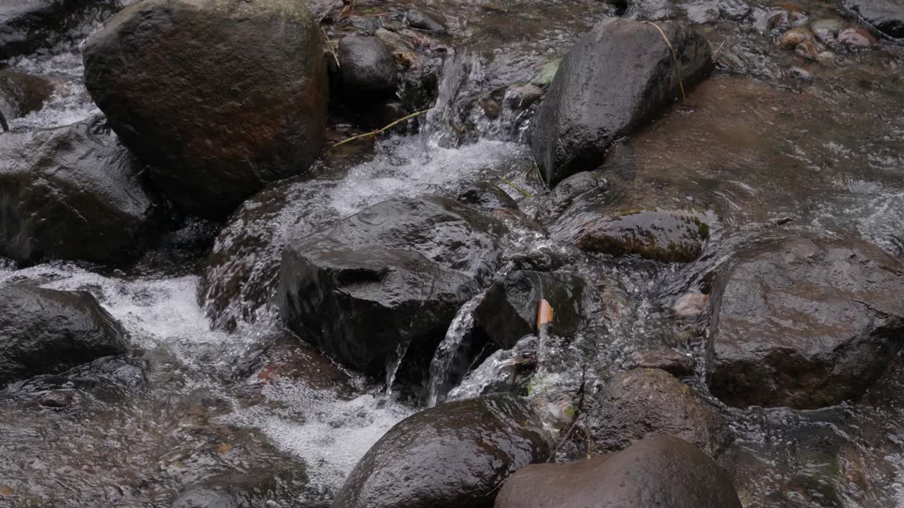 Tranquil idyllic slow motion scenery, rocky river water environment