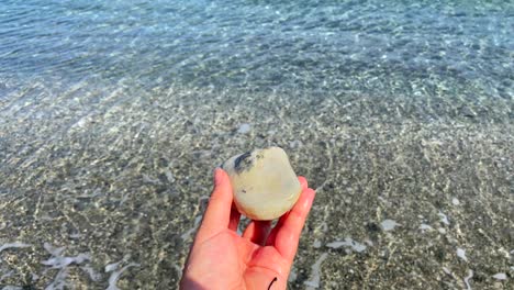 Throwing-a-smooth-beige-rock-in-sea-waves-at-the-beach-with-turquoise-water-in-Manilva-Spain,-fun-sunny-summer-day,-4K-shot