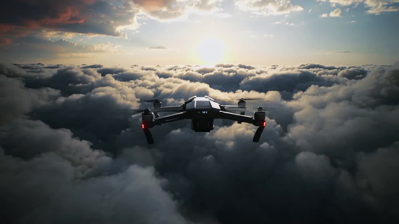 Drone che vola tra le nuvole cumuliformi, mentre l'alba illumina il cielo, con le eliche che girano e le luci rosse accese