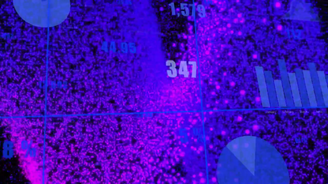 Campo di particelle che inizia a formarsi e si sposta verso destra, rivelando grafici mentre i numeri si aggiornano.
