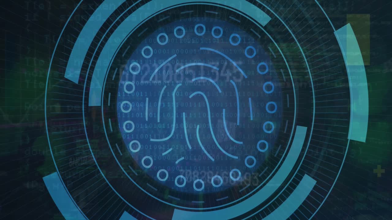 animación del escáner biométrico de huellas dactilares contra el globo giratorio y el procesamiento de datos