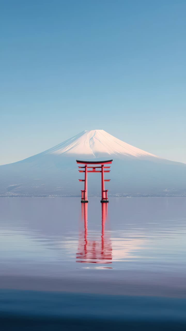 Concept di un sereno video paesaggistico con una vista dal basso di un cancello torii che si riflette su acque calme, set