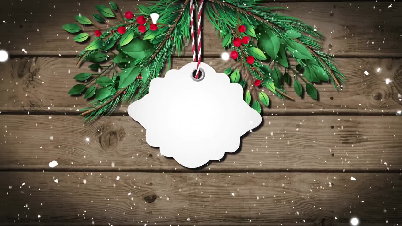 animación de la etiqueta de navidad con espacio de copia, decoraciones y nieve cayendo sobre un fondo de madera