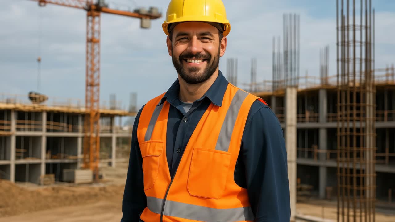 Confident construction worker in a hard hat and vest, arms crossed, with a building site backdrop