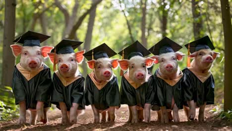 a group of pigs wearing graduation gowns and hats in the woods