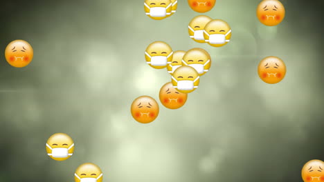 animación de emojis con máscaras faciales flotando sobre una luz brillante que parpadea sobre un fondo verde