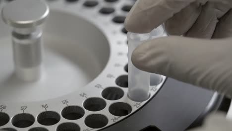 medical technician in gloves putting the reactuon tube on sample position of chemistry analyzer