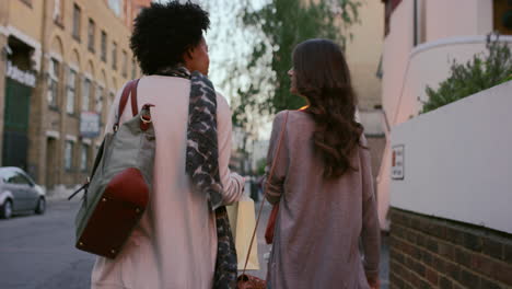 two beautiful woman friends shopping walking through city