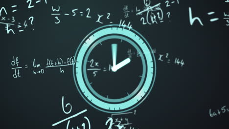 animación del reloj sobre ecuaciones matemáticas sobre fondo verde