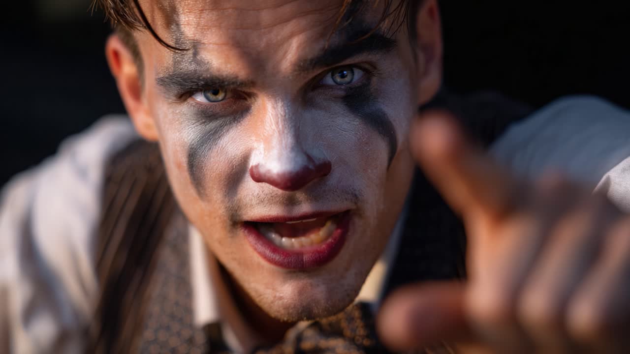 Intense close-up of a clown-like character signaling with a stern expression, showcasing vibrant makeup and a captivating gaze, invoking both charm and unease