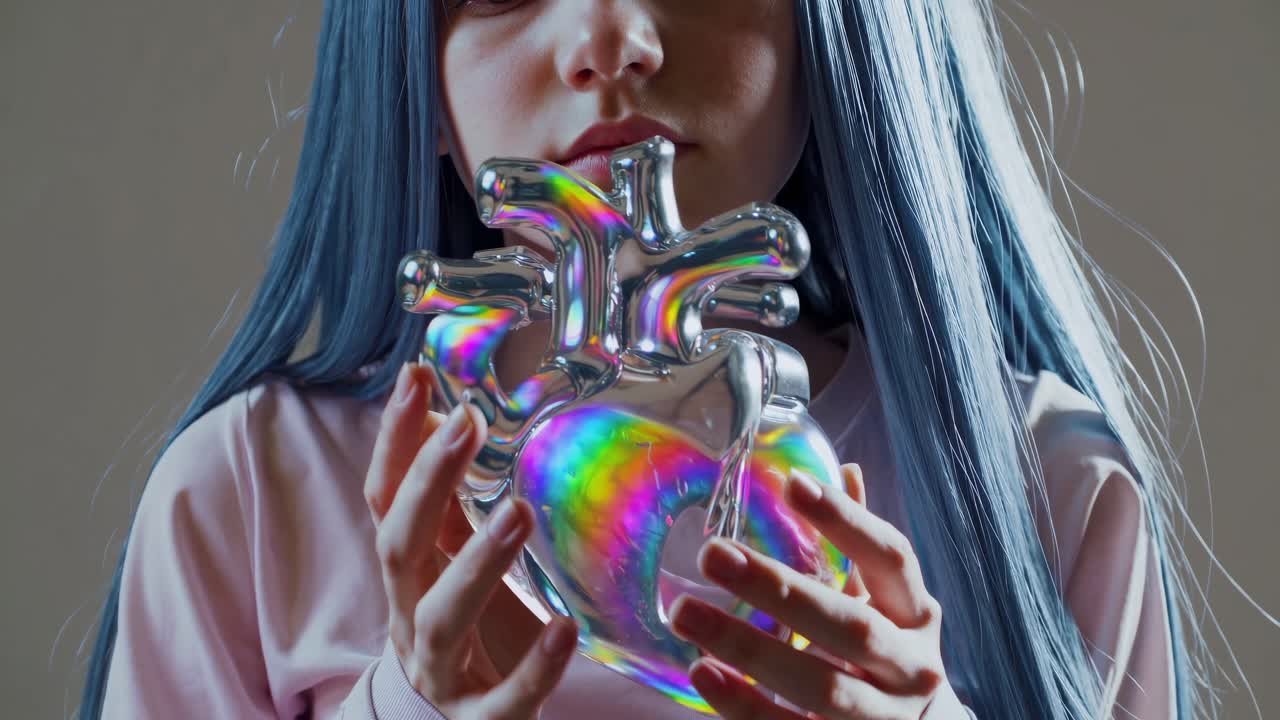 mujer joven con cabello azul agarrando delicadamente translúcido, corazón anatómico multicolor, que representa la vulnerabilidad emocional y la curación interior