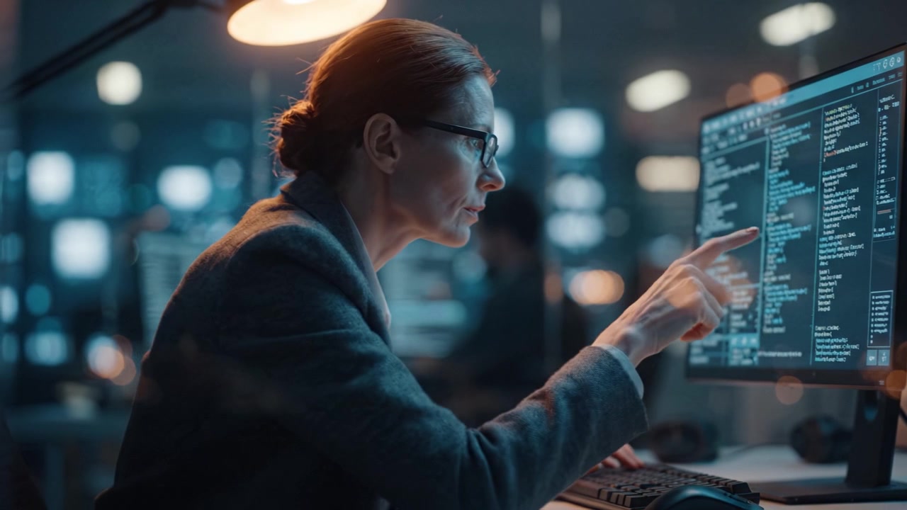 Fokuseret softwareudvikler analyserer kompleks kode og data i et moderne kontormiljø med avanceret teknologi, oplyst af blødt omgivende lys.
