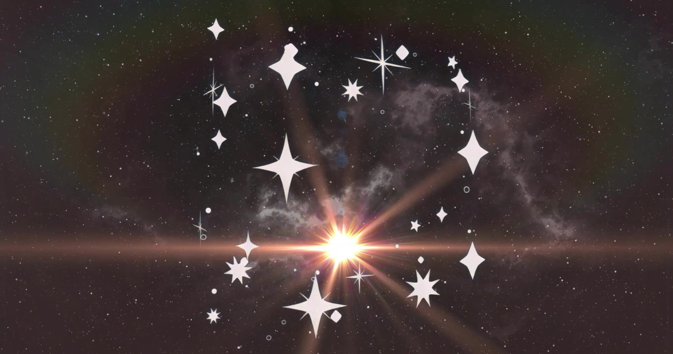 Hvite stjerneikoner som roterer, utløst av et oransje linsebluss som feier over for å fremheve kosmisk bevegelse