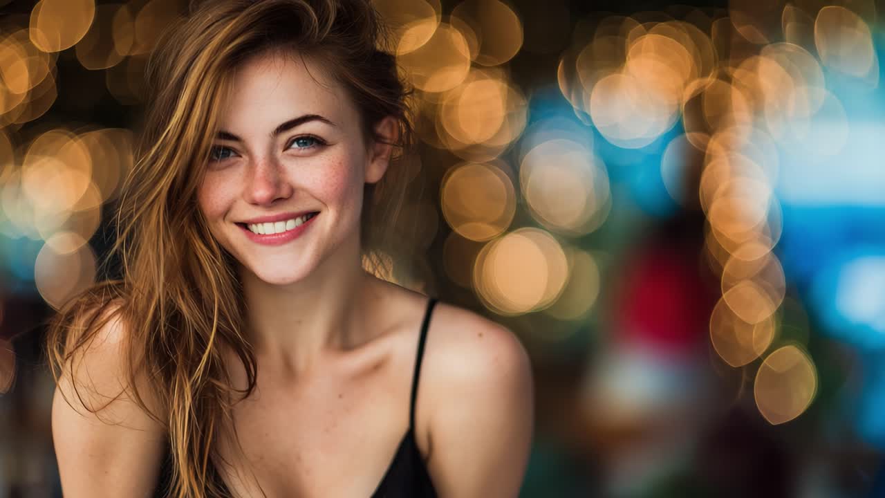 A Happy Young Woman Smiling Brightly Against a Softly Blurred Background of Glimmering Lights, Capturing a Moment of Joy and Warmth in a Beautiful Setting