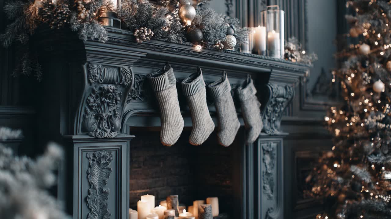 Cozy Christmas Mantel Display Featuring Stockings, Candles, and Seasonal Decorations in a Beautifully Designed Living Room Setting