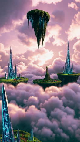 floating fantasy islands with glowing crystals amidst clouds