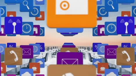animación de filas de iconos digitales sobre una oficina vacía