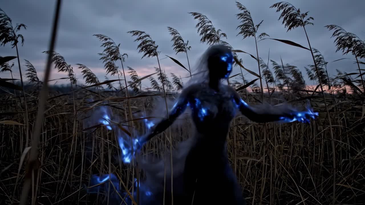 Figura eterea in un campo di erba delle pampas