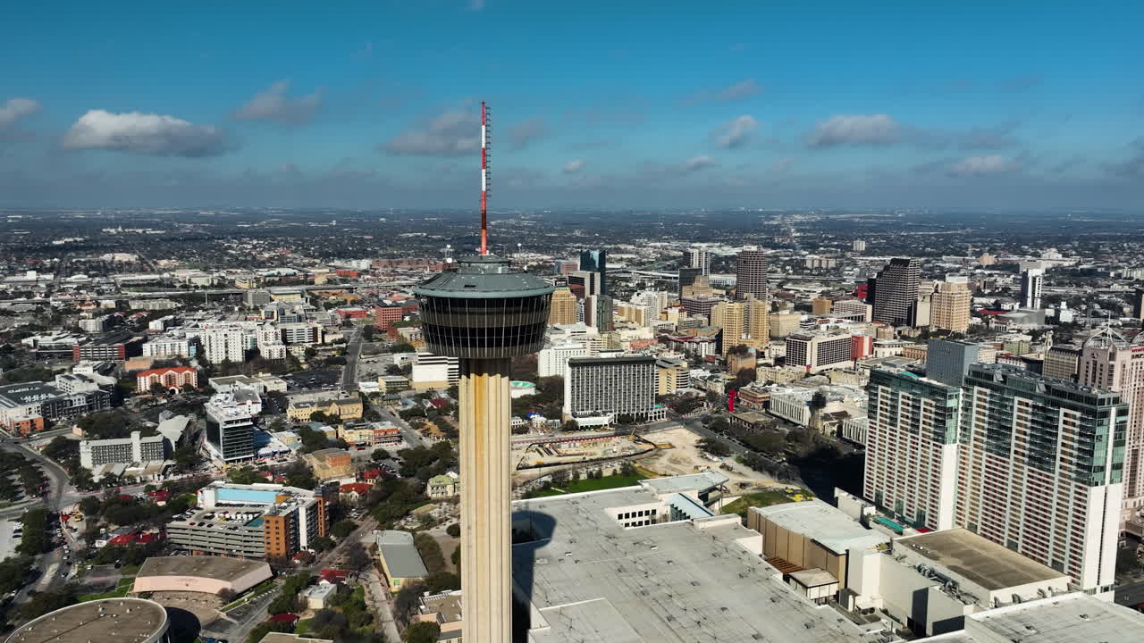 Panoramic aerial in front of Tower of the Americas and the San Antonio skyline
