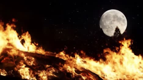 a majestic scene of flames against a starry night sky illuminated by a bright full moon, capturing the contrast between fire and tranquility of nature