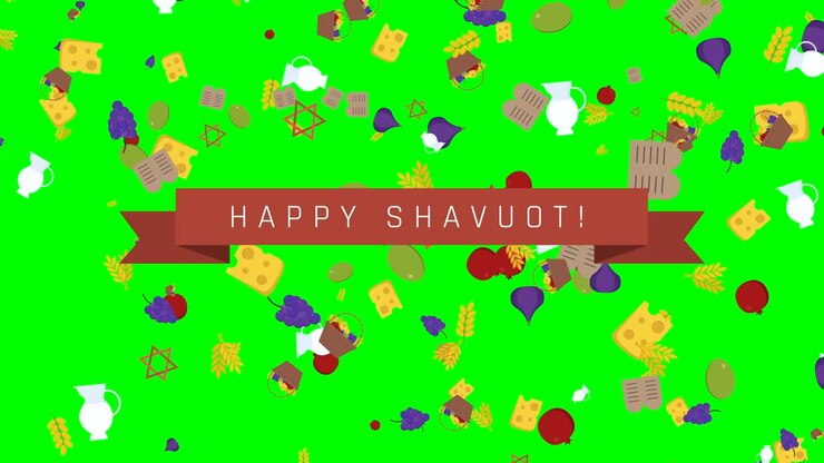 Shavuot holiday flat design animation background with traditional symbols and english text