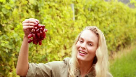 blonde winegrower handing a red grape