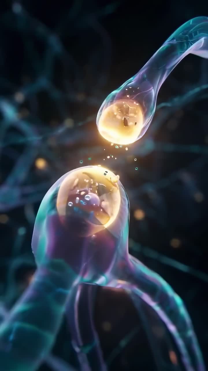 Video astratto di percorsi neurali luminosi, inquadratura ravvicinata, che mostra vivaci tonalità blu e viola