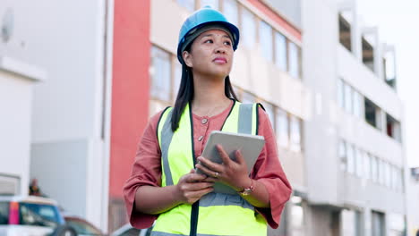 construction, woman and check with tablet