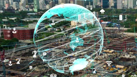 concepto de tecnología de construcción con gráfico de alteración sobre el sitio de construcción