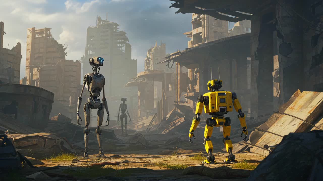 A futuristic landscape shows humanoid robots conversing in a post-apocalyptic cityscape, surrounded by crumbling buildings and remnants of civilization, highlighting the blend of technology and desolation
