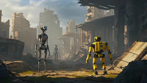 a futuristic landscape shows humanoid robots conversing in a post-apocalyptic cityscape, surrounded by crumbling buildings and remnants of civilization, highlighting the blend of technology and desolation