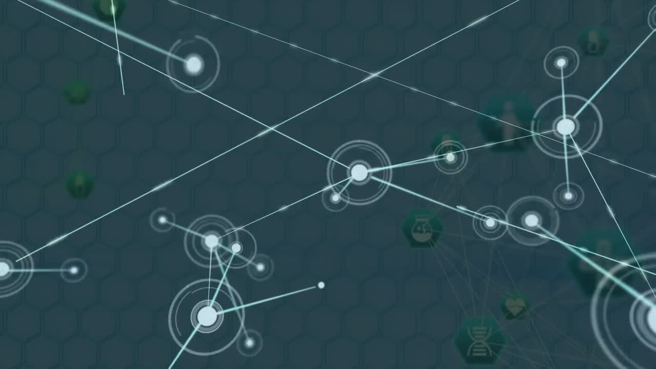 어두운 배경 위에 아이콘으로 연결 네트워크의 애니메이션