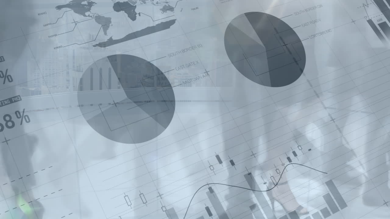 Animation of financial data processing over business people walking in office