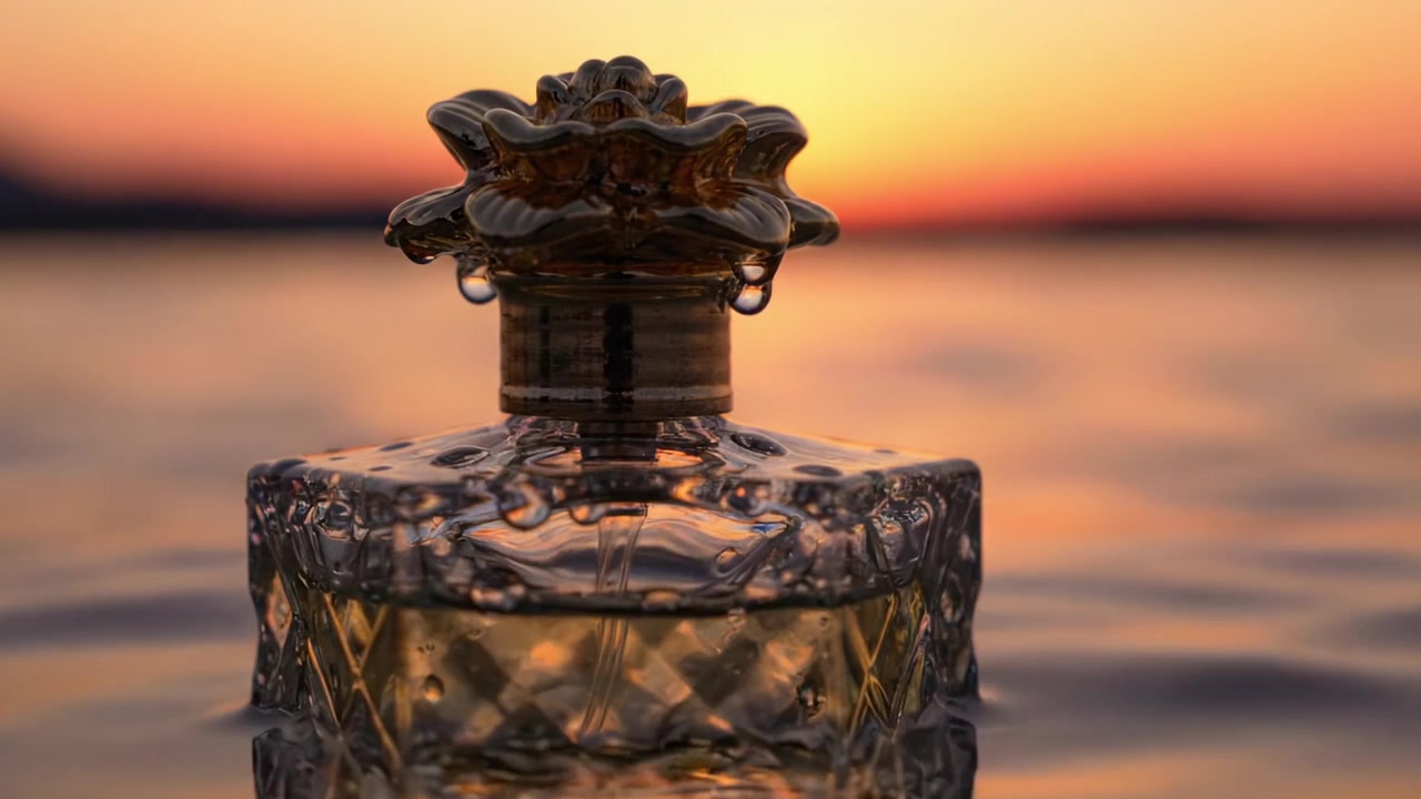 Un'essenza aromatica accattivante: l'eleganza di una bottiglia di profumo contro uno splendido tramonto su acque tranquille, catturando bellezza e serenità.