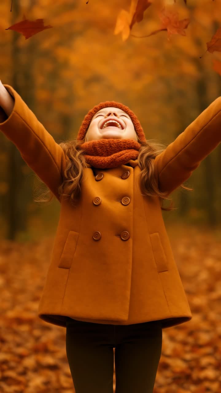 Joyful autumn scene with a child in a brown coat, arms outstretched, surrounded by falling leaves