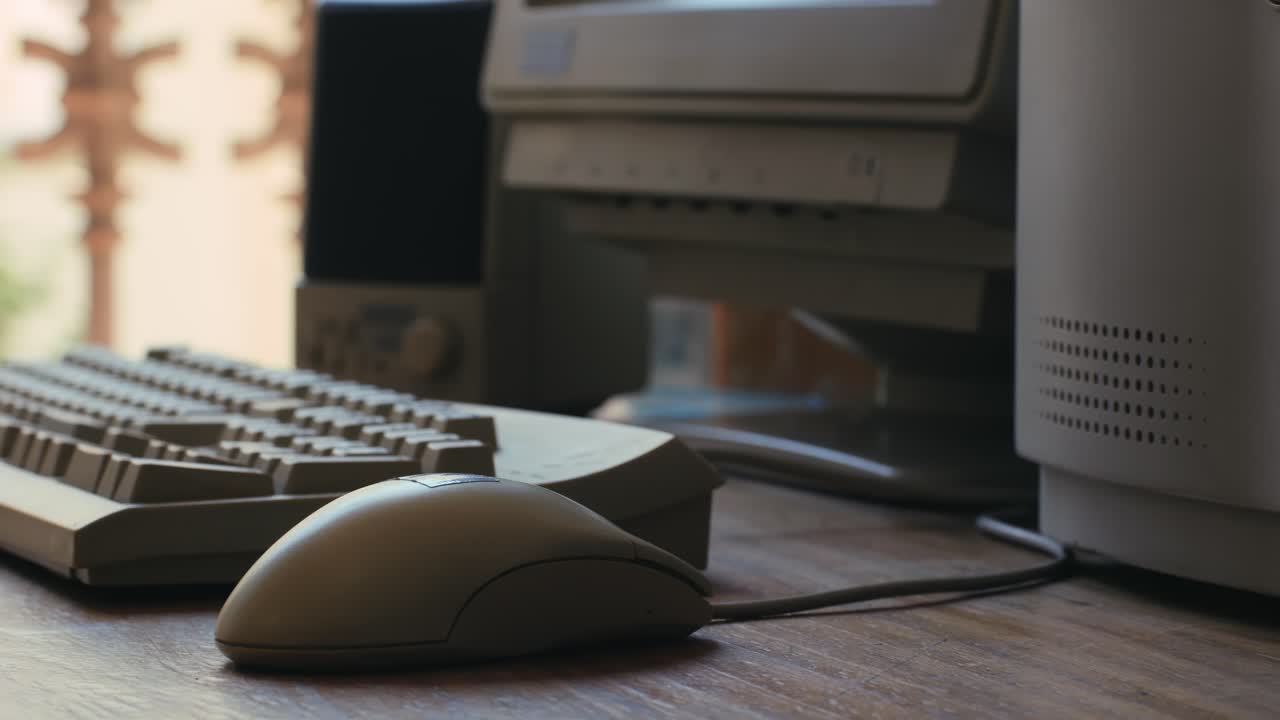 Man working and gaming on retro computer PC, IT engineer with vintage computer at home, using old fashion technology, close up of retro setup.